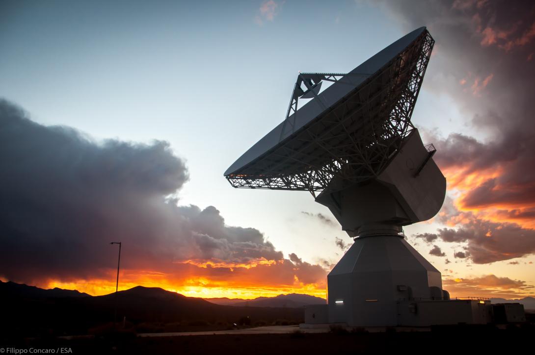 ESA's deep-space antenna in Argentina at sunset